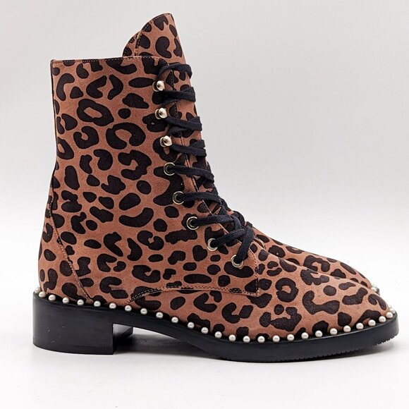 Stuart Weitzman Women Sondra Leopard Print Calf Hair Combat Boots Size 8 - Picture 4 of 8